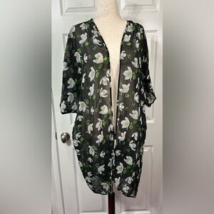 Truth Black Sheer Cover up Cardigan with Green and White Floral Magnolia Design